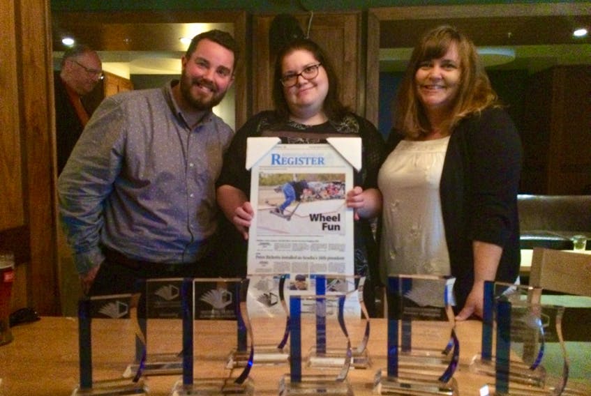 The Annapolis Valley Register, Valley Journal-Advertiser and Tri-County Vanguard, SaltWire Network weekly newspapers in southwestern Nova Scotia, brought home a number of Newspapers Atlantic awards June 1. From left are reporter Colin Chisholm, managing editor Jennifer Vardy Little and editor Tina Comeau.