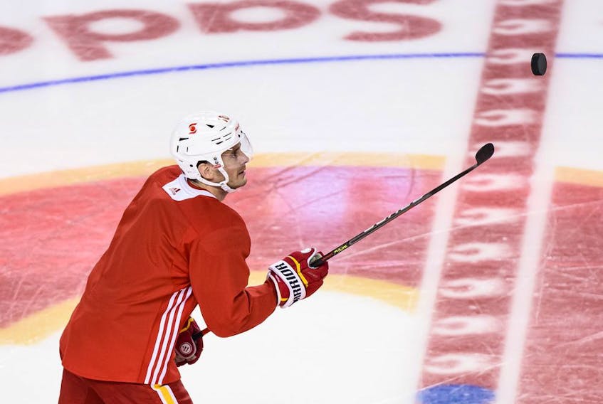 Calgary Flames forward Derek Ryan takes part in practice at the Scotiabank Saddledome earlier this season.