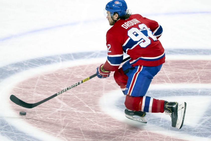 The Canadiens' Jonathan Drouin carries the puck across centre ice at the Bell Centre during NHL game against the Florida Panthers in Montreal on Jan. 15, 2019. 