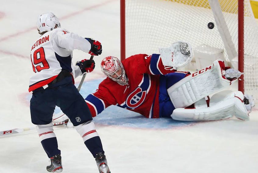  Montreal Canadiens goaltender Carey Price stops shot by Washington Capitals’ Nicklas Backstrom during first period on Jan. 27, 2020.