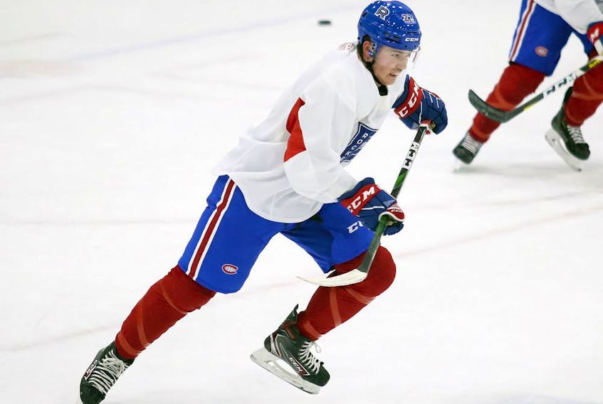 Alexandre Alain skates through a drill during Laval Rocket practice at the Place Bell Sports Complex in Laval on Jan. 30, 2020. 