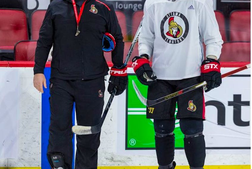 Ottawa Senators forward Bobby Ryan and head coach D.J. Smith during team practice at the Canadian Tire Centre. February 5, 2020. 
