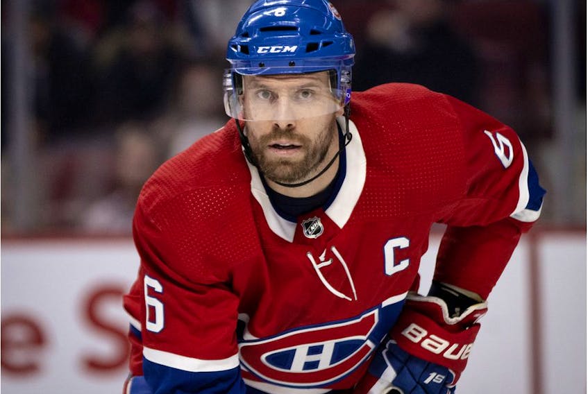 Canadiens captain  Shea Weber gets ready for face-off during NHL game against the Detroit Red Wings at the Bell Centre in Montreal on Dec. 14, 2019.