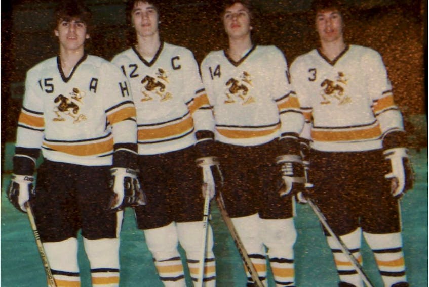  Mario Lemieux, second from left, with Ville-Emard Hurricanes teammates, from left, J.J. Daigneault, Marc Bergevin and Robert Bourdeau during the late 1970s. Marie-France Coallier/Montreal Gazette