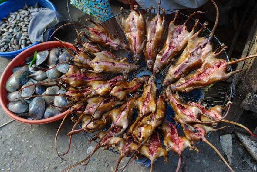While not China, this picture taken in Vietnam on Nov. 3, 2013 shows a vendor selling slaughtered rats at a village market in Dan Phuong on the outskirts of Hanoi.
