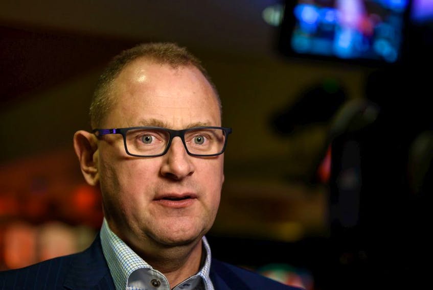 Calgary Flames general manager Brad Treliving speaks with the media after the team's 40th season luncheon at Scotiabank Saddledome on March 9, 2020. Azin Ghaffari/Postmedia