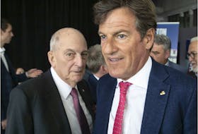  Stephen Bronfman (right) and his father, Charles, attend press conference celebrating the 50th anniversary of the Expos on May 21, 2019.