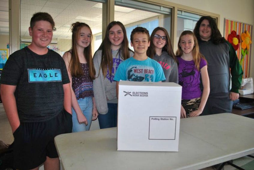 Grade 8 students at West Pictou Consolidated, along with Grades 6 and 7 students, participated in Student Vote on Monday. Shown are Austin MacDonald, Jessica MacDonald, Reese Foote, Myles Farnsworth, Dakota Sponagle, Paige Geddes and Declan Rorison.