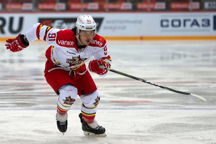 Cochrane’s Tyler Wong tied for the team scoring lead in his first season with the KHL’s Kunlun Red Star, based in Beijing. 