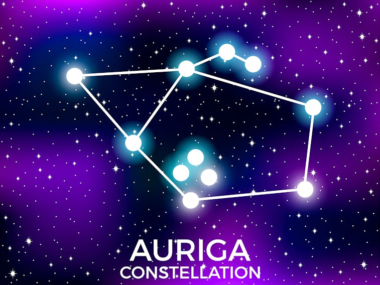 An illustration of the Auriga constellation outlined in a starry night sky.
