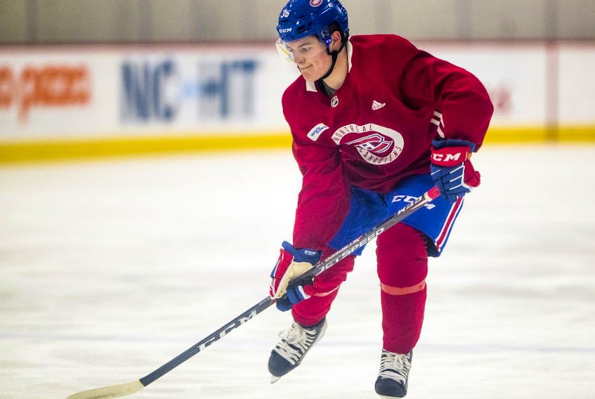 Montreal Canadiens prospect Cole Caufield skates through a drill during development camp at the Bell Sports Complex in Brossard on June 26, 2019.  