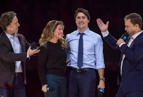  Co-founders Craig, left, and Marc Kielburger introduce Prime Minister Justin Trudeau, second from right, and his wife Sophie Gregoire-Trudeau at a WE Charity event in Ottawa in 2015.