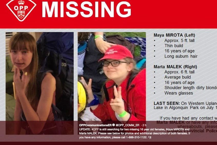 Missing 16-year-old girls in Algonquin Park:
Maya Mirota
Marta Malek have been located safe.