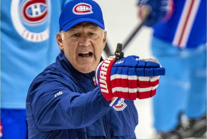 Canadiens coach Claude Julien yells out instructions during practice at the Bell Sports Complex in Brossard on Wednesday during Day 3 of training camp. 