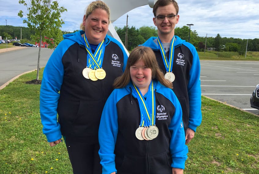 All four Pictou County athletes who were part of Team Nova for the National Special Olympics came home with medals from the games. Here, from the left: Stacey Saunders, Kara Scott and Evan Sharpe, display their medals. Missing from the photo is Lucy Rogers of Team Nova Scotia, who trains in Pictou County.