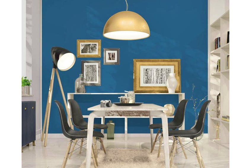 Dining area featuring Chinese Porcelain, Dulux Paints' colour of the year 2020.