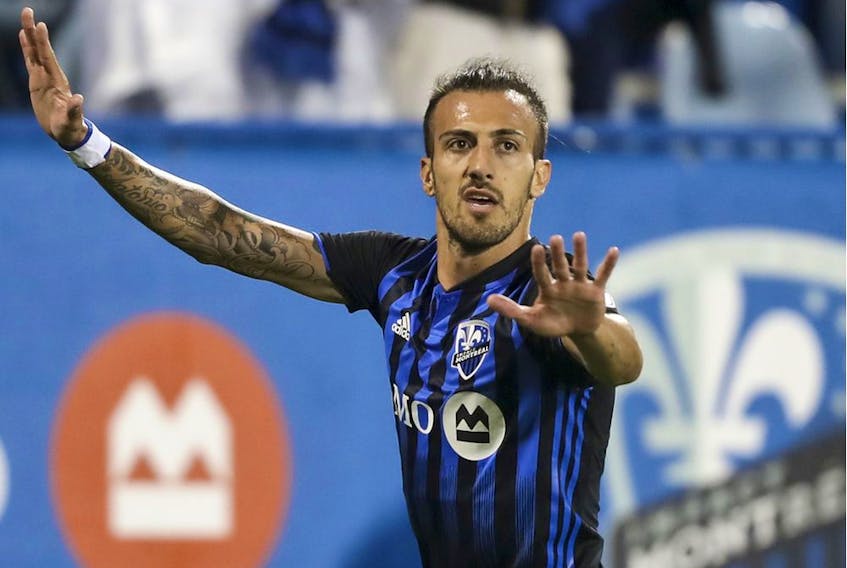 Montreal Impact's Maximiliano Urruti celebrates his goal against the Vancouver Whitecaps during first half MLS action in Montreal on Wednesday August 28, 2019.