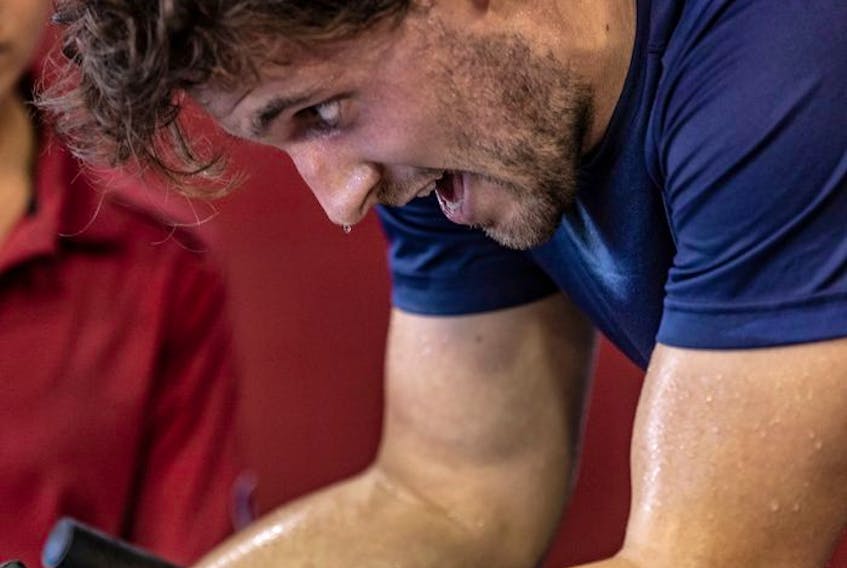  Canadiens newcomer Ben Chiarot works up a sweat on the stationary bike during fitness testing at the Bell Sports Complex in Brossard on Thursday.