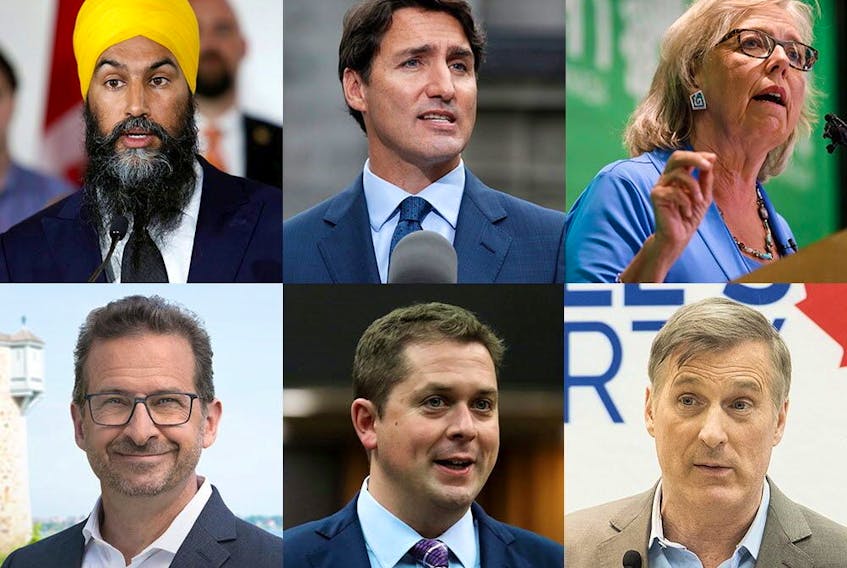 Clockwise, top left: Jagmeet Singh, Justin Trudeau, Elizabeth May, Maxime Bernier, Andrew Scheer and Yves-François Blanchet ORG XMIT: POS1909111313035865