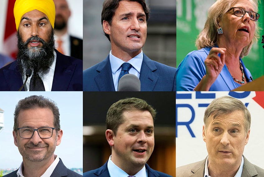 Clockwise from top left: Jagmeet Singh, Justin Trudeau, Elizabeth May, Maxime Bernier, Andrew Scheer and Yves-François Blanchet.