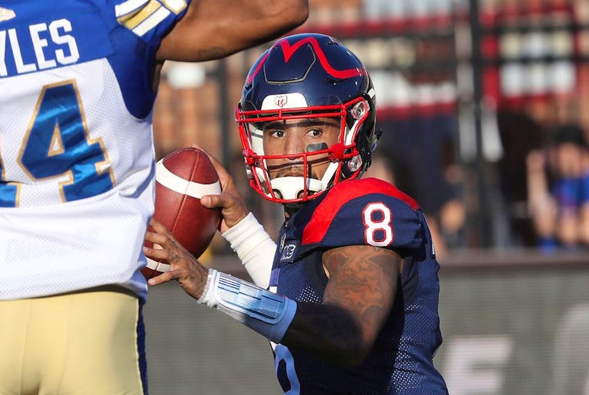 Montreal Alouettes quarterback Vernon Adams Jr. looks for receiver during first half CFL action in Montreal on Saturday September 21, 2019. 