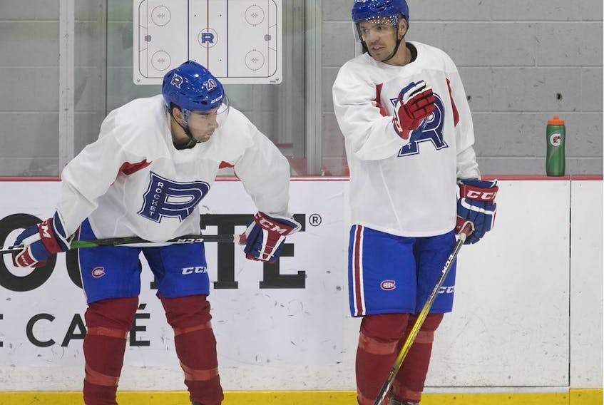 Alex Belize takes part in practice with the AHL's Laval Rocket on Sept. 25, 2019.

