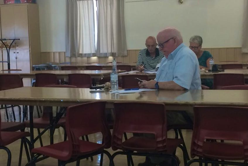 <p>P.E.I. Sen. Mike Duffy checks his smartphone during the annual general meeting of the resort municipality Monday evening in North Rustico.</p>