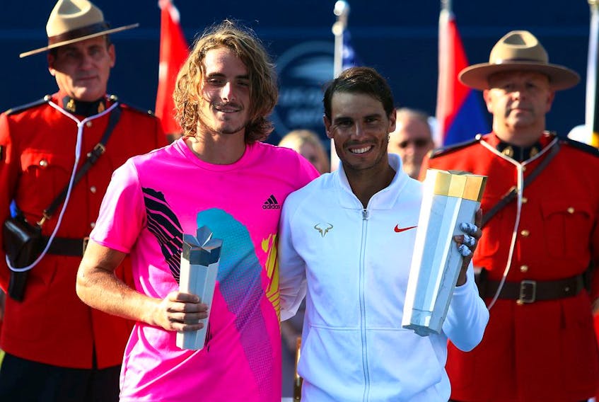 Spain's Rafael Nadal, right, won last year's Rogers Cup title in Toronto, beating Greece's Stefanos Tsitsipas. Nadal is defending his title in Montreal next week.