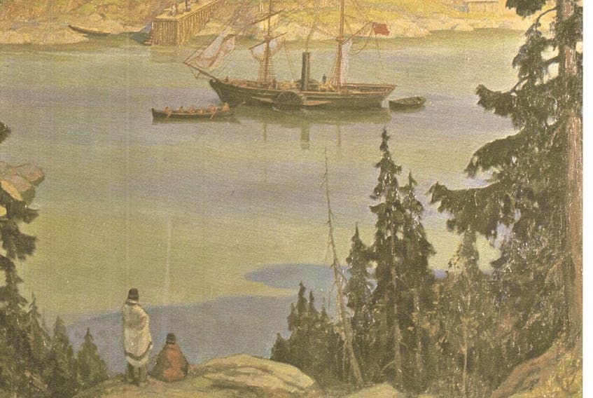 The S.S. Beaver Anchored Off Fort Victoria, 1846. From the painting by A Sherriff Scott, R.G.A.
