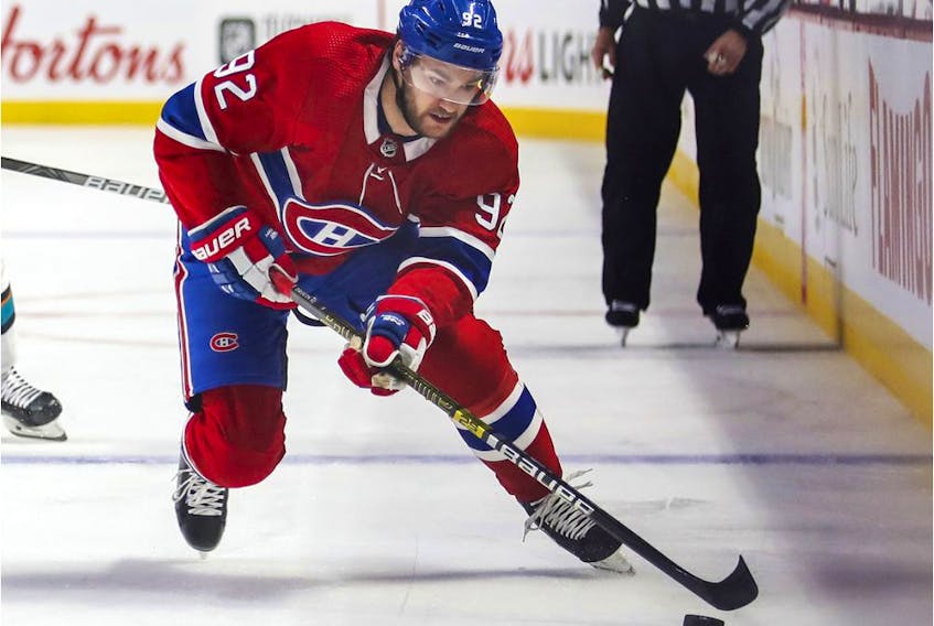  Montreal Canadiens’ Jonathan Drouin skates with the puck during the first period against the San Jose Sharks in Montreal on Oct. 24, 2019.