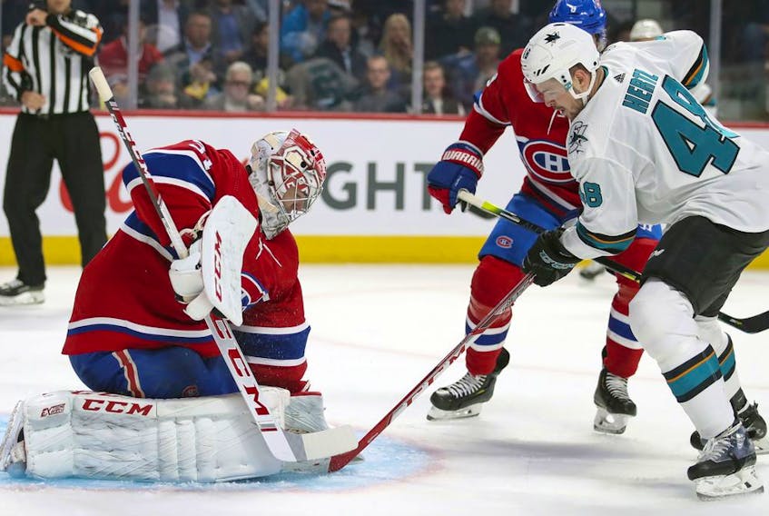  Montreal Canadiens defenceman Cale Fleury follows the play during game against the San Jose Sharks in Montreal on Oct. 24, 2019.