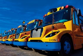 A Facebook image of electric schoolbuses, manufactured by Lion Electric.