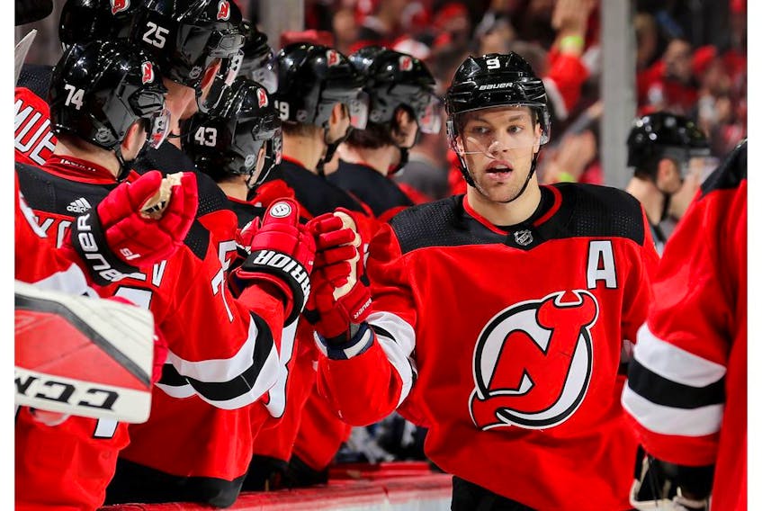 Devils forward Taylor Hall is on a six-game point streak. File photo by Elsa/Getty Images..