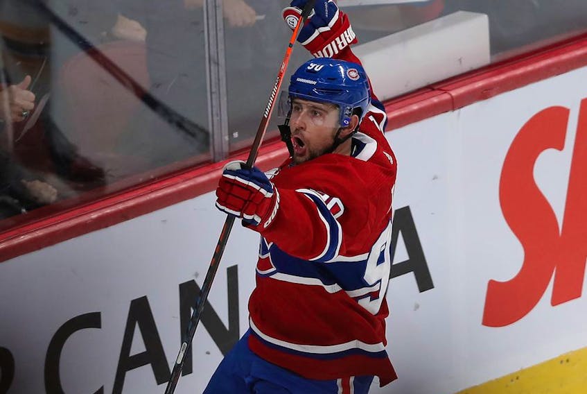  Montreal Canadiens left-winger Tomas Tatar celebrates his goal against the Boston Bruins in Montreal on Nov. 5, 2019.
