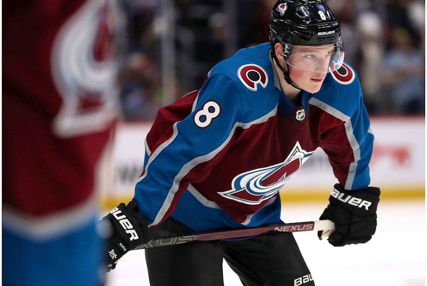DENVER, COLORADO - APRIL 15: Cale Makar #8 of the Colorado Avalanche plays the Calgary Flames in the second period during Game Three of the Western Conference First Round during the 2019 NHL Stanley Cup Playoffs at the Pepsi Center on April 15, 2019 in Denver, Colorado.