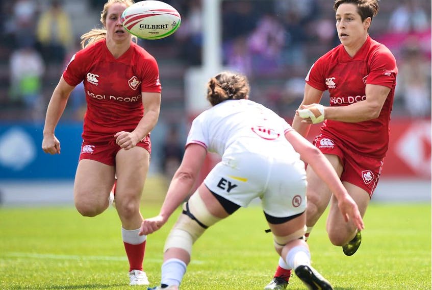 Ghislaine Landry of Canada passes the ball during the Cup semifinal between Canada and the U.S. at the women's rugby sevens on April 21, 2019, in Kitakyushu, Fukuoka, Japan.