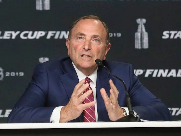 NHL commissioner Gary Bettman speaks with the media prior to the 2019 Stanley Cup finals in Boston on May 27, 2019.