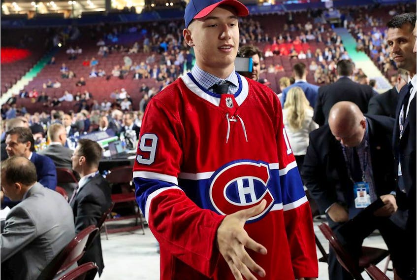 VANCOUVER, BRITISH COLUMBIA - JUNE 22: Gianni Fairbrother reacts after being selected 77th overall by the Montreal Canadiens during the 2019 NHL Draft at Rogers Arena on June 22, 2019 in Vancouver, Canada.