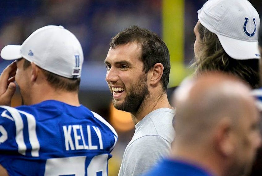 Andrew Luck of the Indianapolis Colts watches from the sidelines during the fourth quarter of the preseason game against the Chicago Bears at Lucas Oil Stadium on August 24, 2019 in Indianapolis, Indiana.
