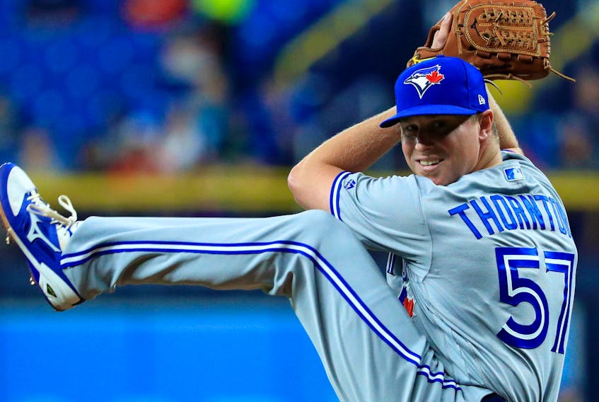Trent Thornton of the Toronto Blue Jays pitches during a game against the Tampa Bay Rays at Tropicana Field on August 6, 2019 in St Petersburg, Fla. (Mike Ehrmann/Getty Images)