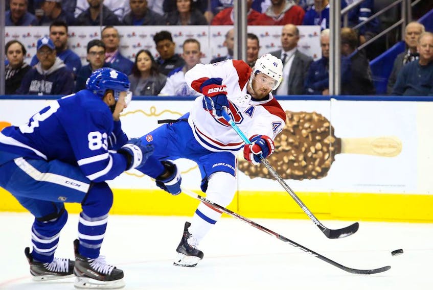  Canadiens’ Paul Byron shoots during game against the Maple Leafs at Scotiabank Arena in Toronto on Oct. 5.