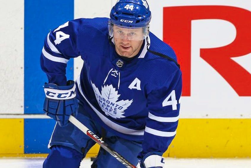 Morgan Rielly #44 of the Toronto Maple Leafs warms up prior to action against the Boston Bruins in an NHL game at Scotiabank Arena on October 19, 2019.