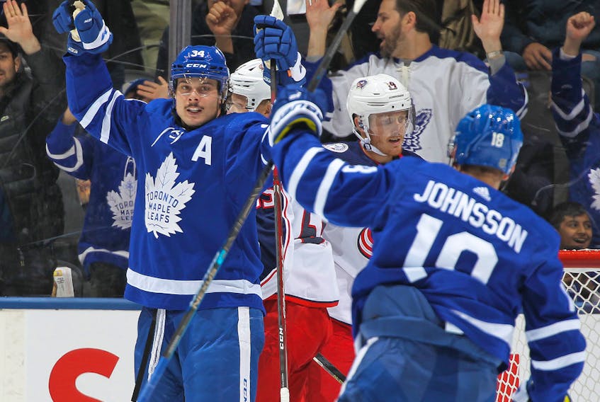 With the 2019-20 regular season officially over, Auston Matthews, seen here scoring against the Blue Jackets on Oct. 21 at Scotiabank Arena, finishes with 47 goals, still short of Rick Vaive’s team record. Should health and government authorities give the green light, the Leafs and Jackets will meet in a best-of-five play-in series in late July.  