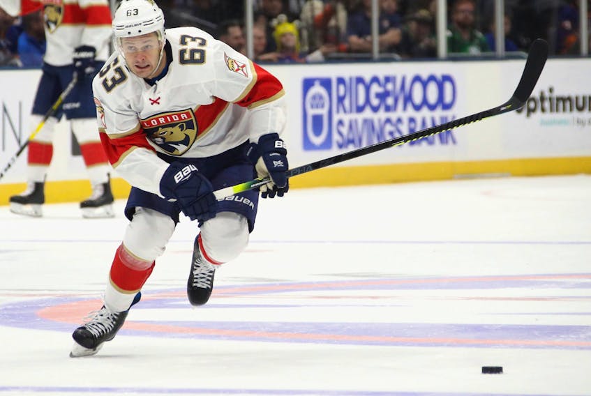 Evgenii Dadonov #63 playing for the Florida Panthers against the New York Islanders in October 2019.