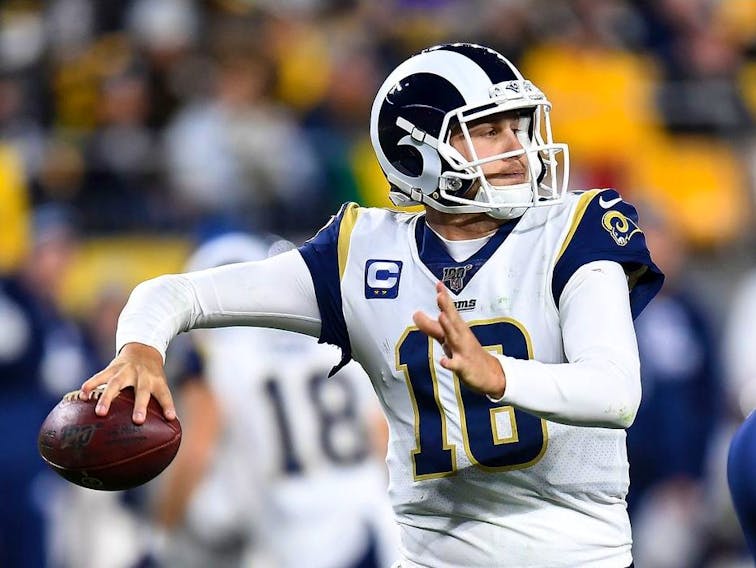 Jared Goff of the Los Angeles Rams looks to pass during the second quarter against the Pittsburgh Steelers at Heinz Field on November 10, 2019 in Pittsburgh, Pennsylvania.