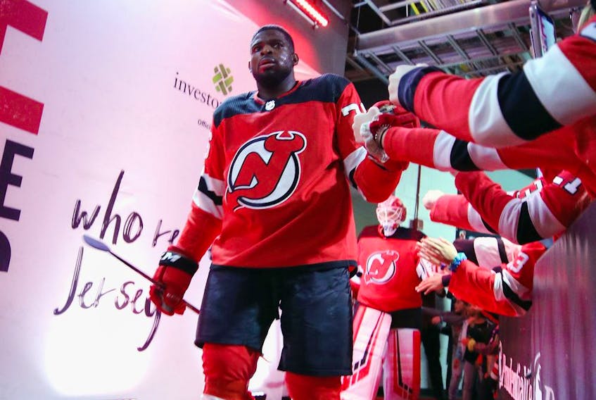  New Jersey Devils defenceman P.K. Subban heads for ice and pregame warmup before NHL game against the Arizona Coyotes at the Prudential Center in Newark, N.J., on Oct. 25, 2019.