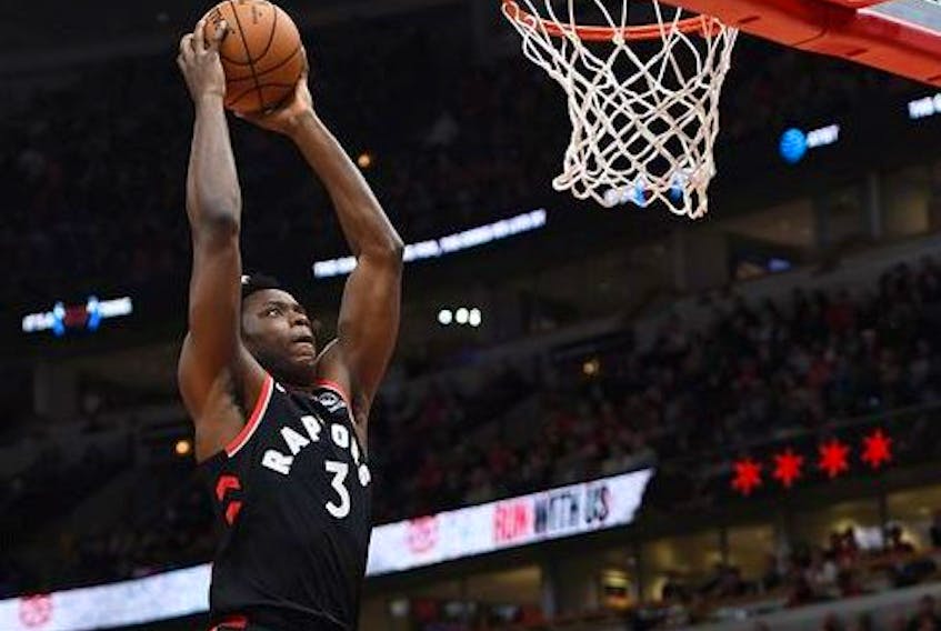 OG Anunoby of the Toronto Raptors dunks during the first quarter against the Chicago Bulls at United Center on October 26, 2019 in Chicago, Illinois.  