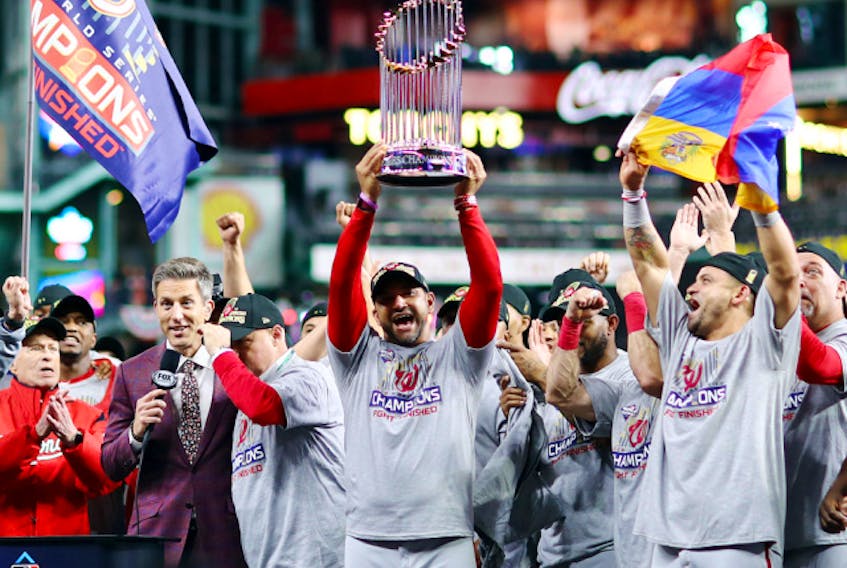 The Washington Nationals celebrated their World Series championship after defeating the Houston Astros 6-2 in Game 7 of the 2019 World Series at Minute Maid Park on Oct. 30, 2019 in Houston, Texas.
