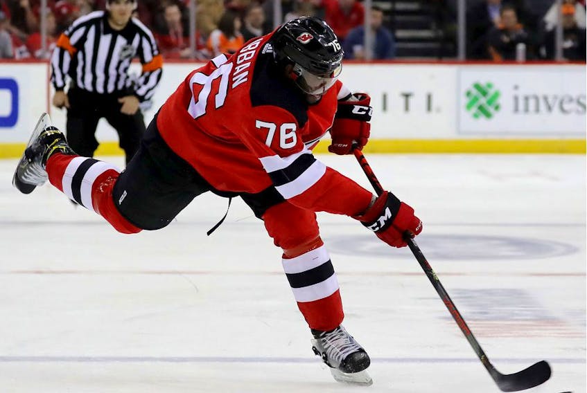  P.K. Subban of the New Jersey Devils takes a shot in the second period against the Philadelphia Flyers at Prudential Center on Nov. 1, 2019 in Newark, N.J.