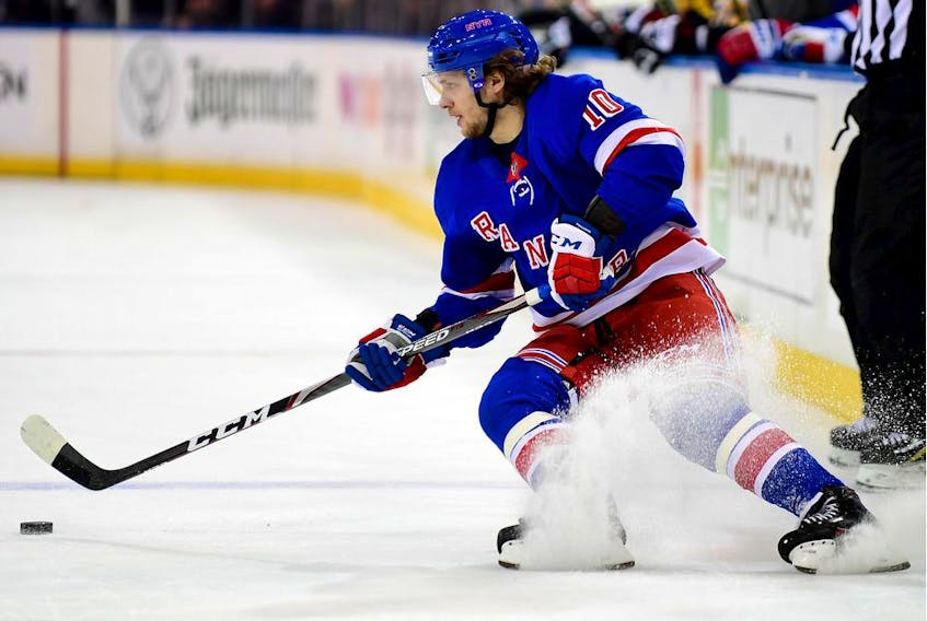 The New York Rangers’ Artemi Panarin controls the puck during NHL game against the Pittsburgh Penguins at Madison Square Garden on Nov. 12, 2019.